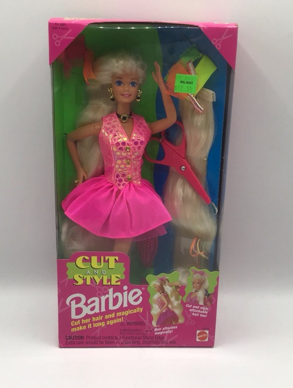 Vintage 1994 Cut and Style Barbie Blonde Pink Dress Scissors NRFB Mattel 12639